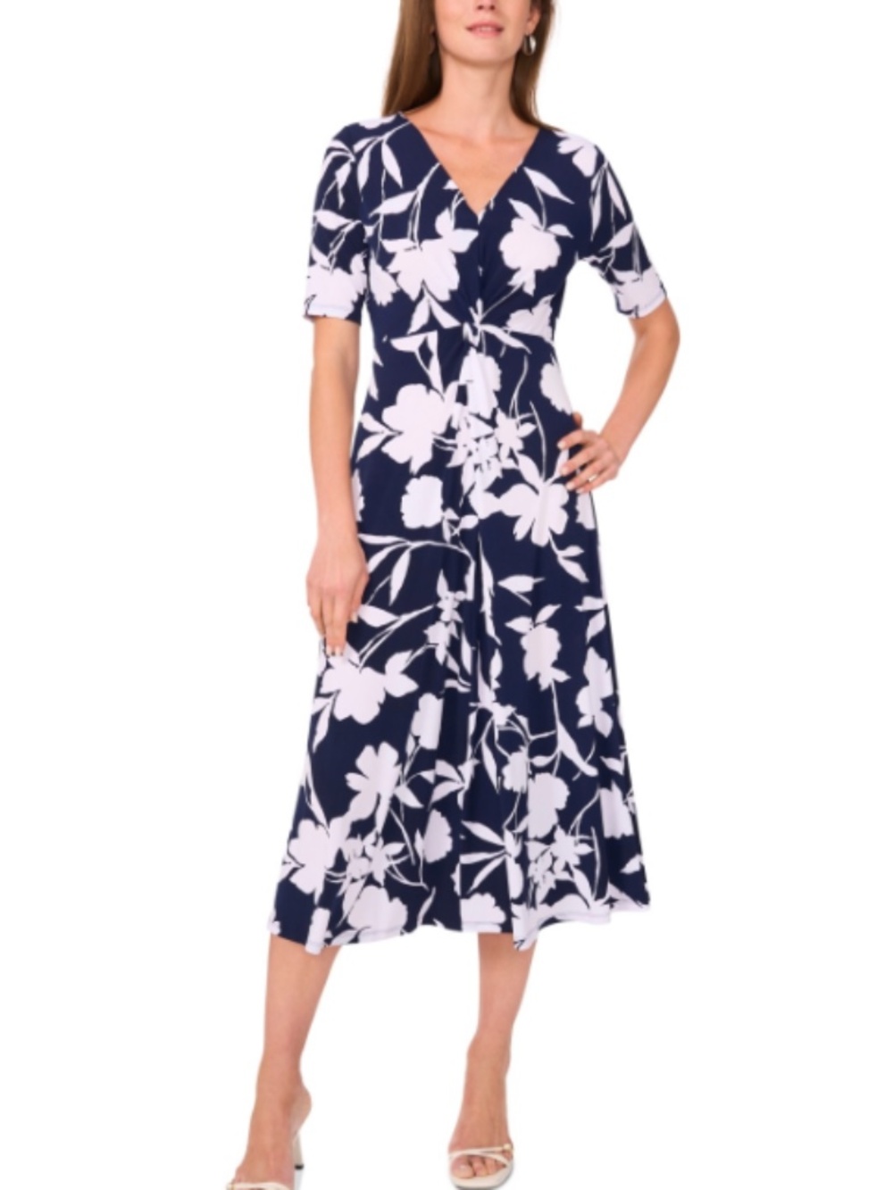 Msk Petite Printed Short-Sleeve MIDI Dress - Jbs Navy Msk PL NWT.